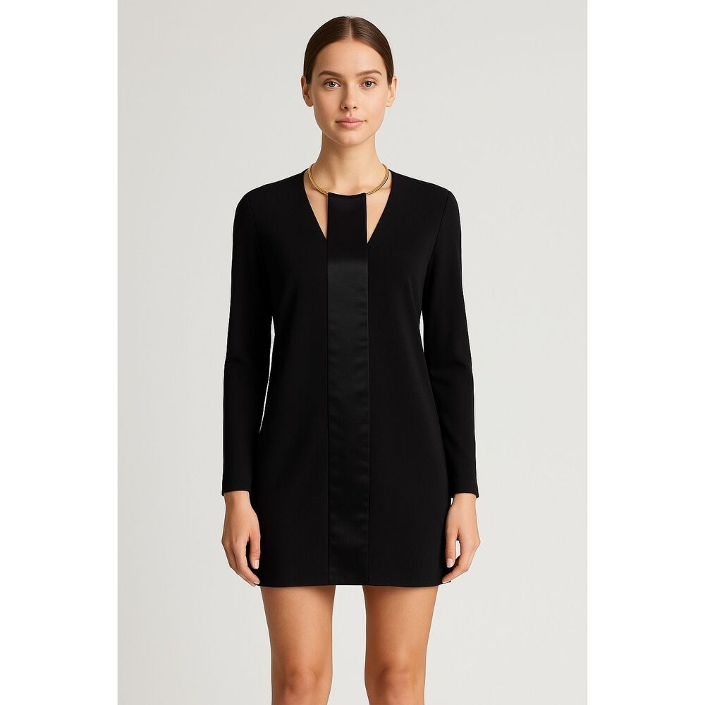 Halston Heritage Black Satin Tuxedo Mini Dress w/ Gold Necklace Sz 8